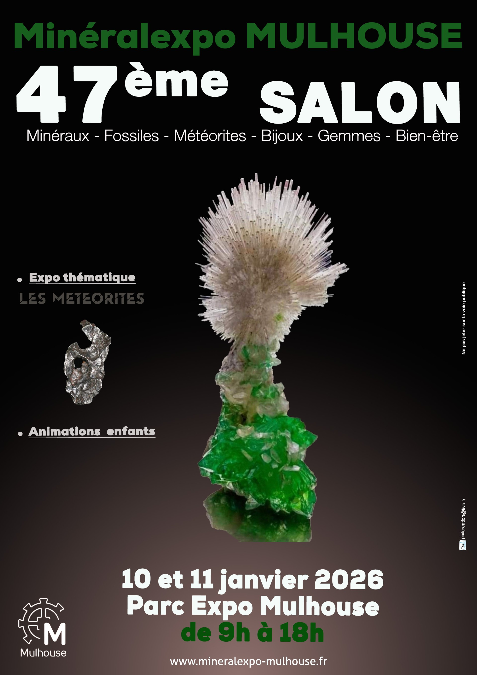 Affiche du 47ᵉ Salon MinéralExpo Mulhouse, exposition de minéraux, fossiles, météorites, gemmes et bien-être les 10 et 11 janvier 2026 au Parc Expo Mulhouse